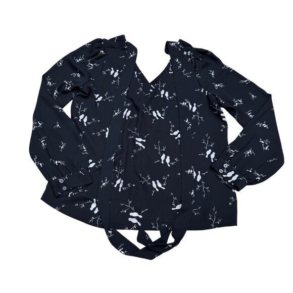 LOFT Tops - Loft Women's Black White Bird Pattern Puff Sleeve Blouse Top, Size XSP